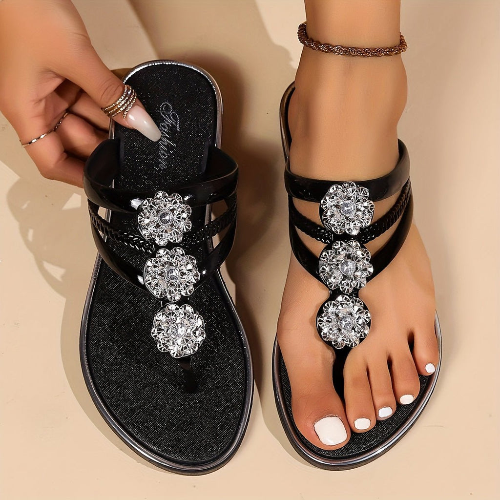 Women's T-Strap Flat Sandals Rhinestone Embellished - Black