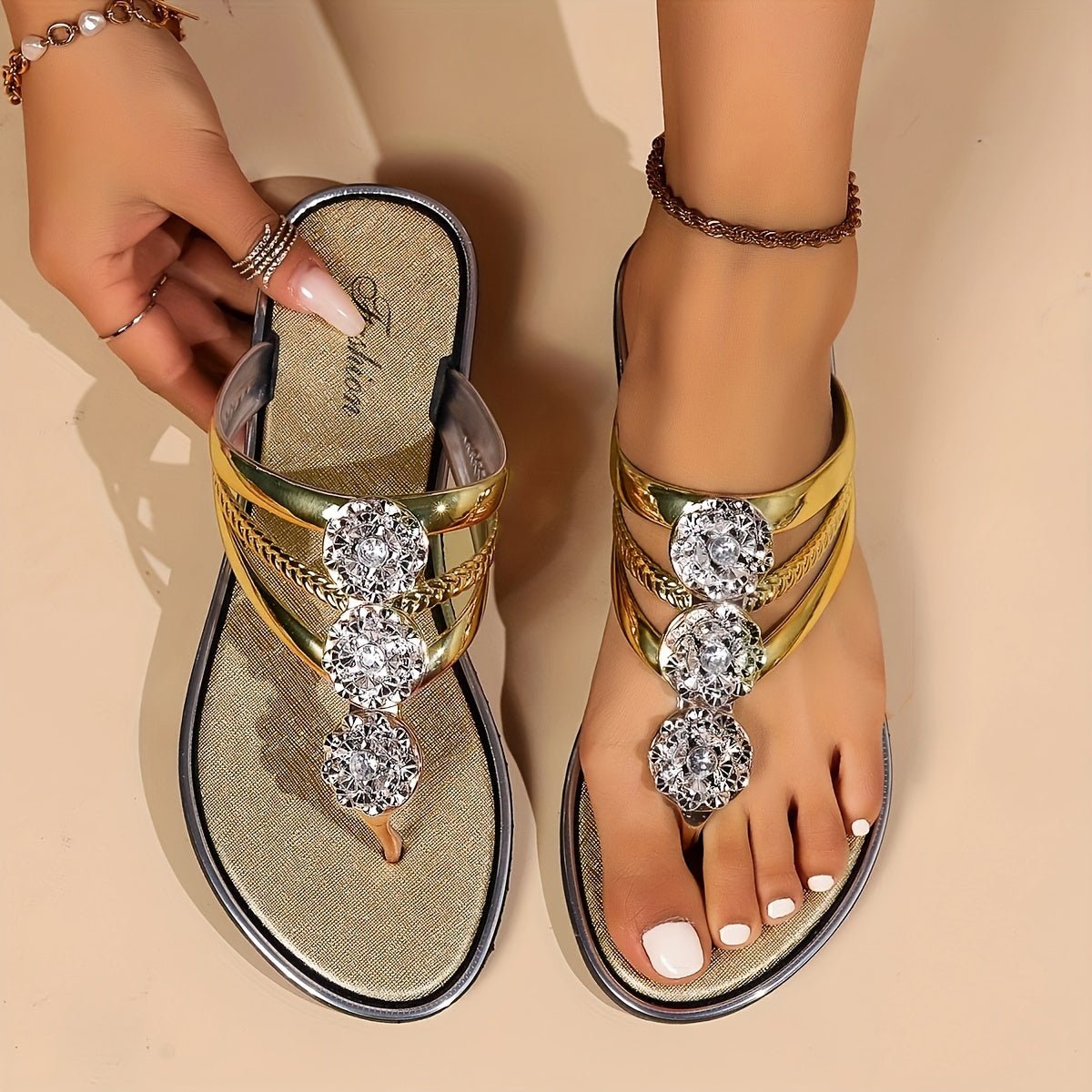 Women's T-Strap Flat Sandals Rhinestone Embellished - Gold
