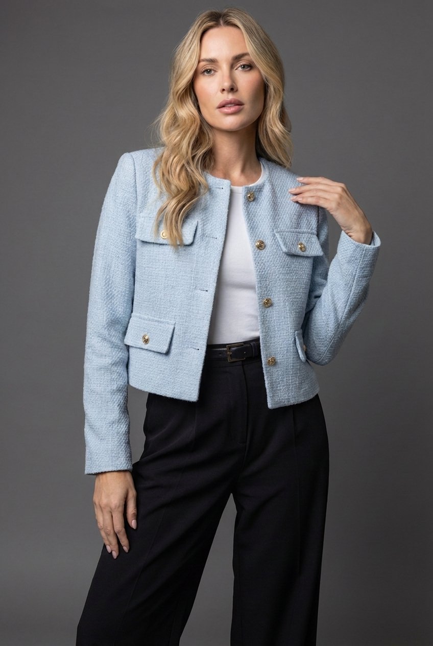 Women's Textured Tweed Round-Neck Cropped Button-Up Blazer - Light Blue