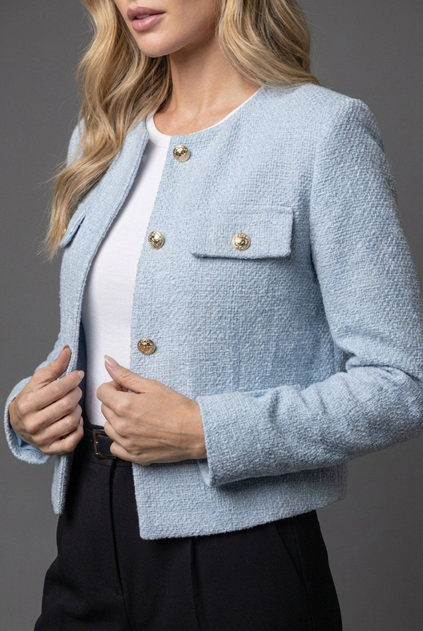 Women's Textured Tweed Round-Neck Cropped Button-Up Blazer