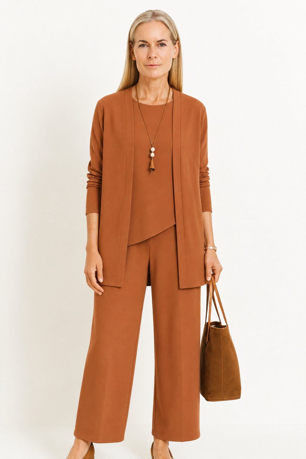 Women's Three-Piece Longline Cardigan Tank Wide-Leg Pants Set - Light Brown