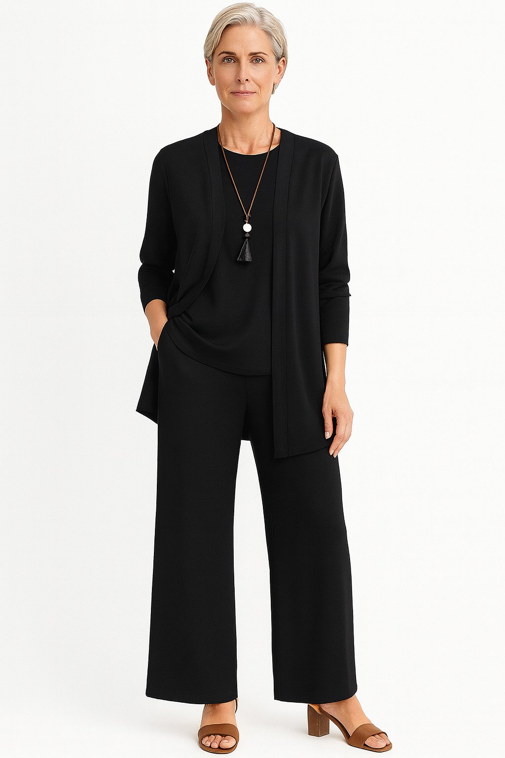 Women's Three-Piece Longline Cardigan Tank Wide-Leg Pants Set - Black