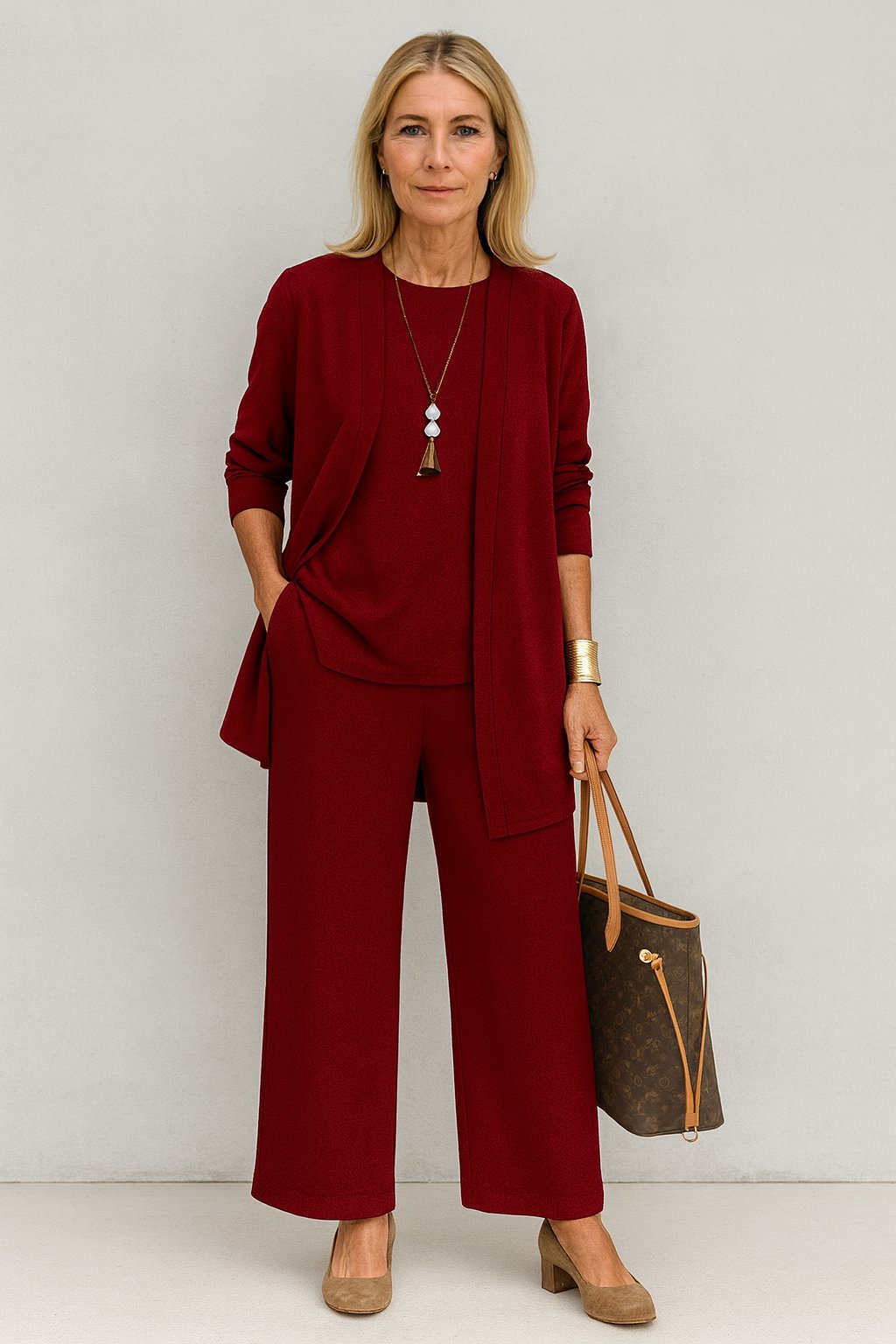 Women's Three-Piece Longline Cardigan Tank Wide-Leg Pants Set - Red