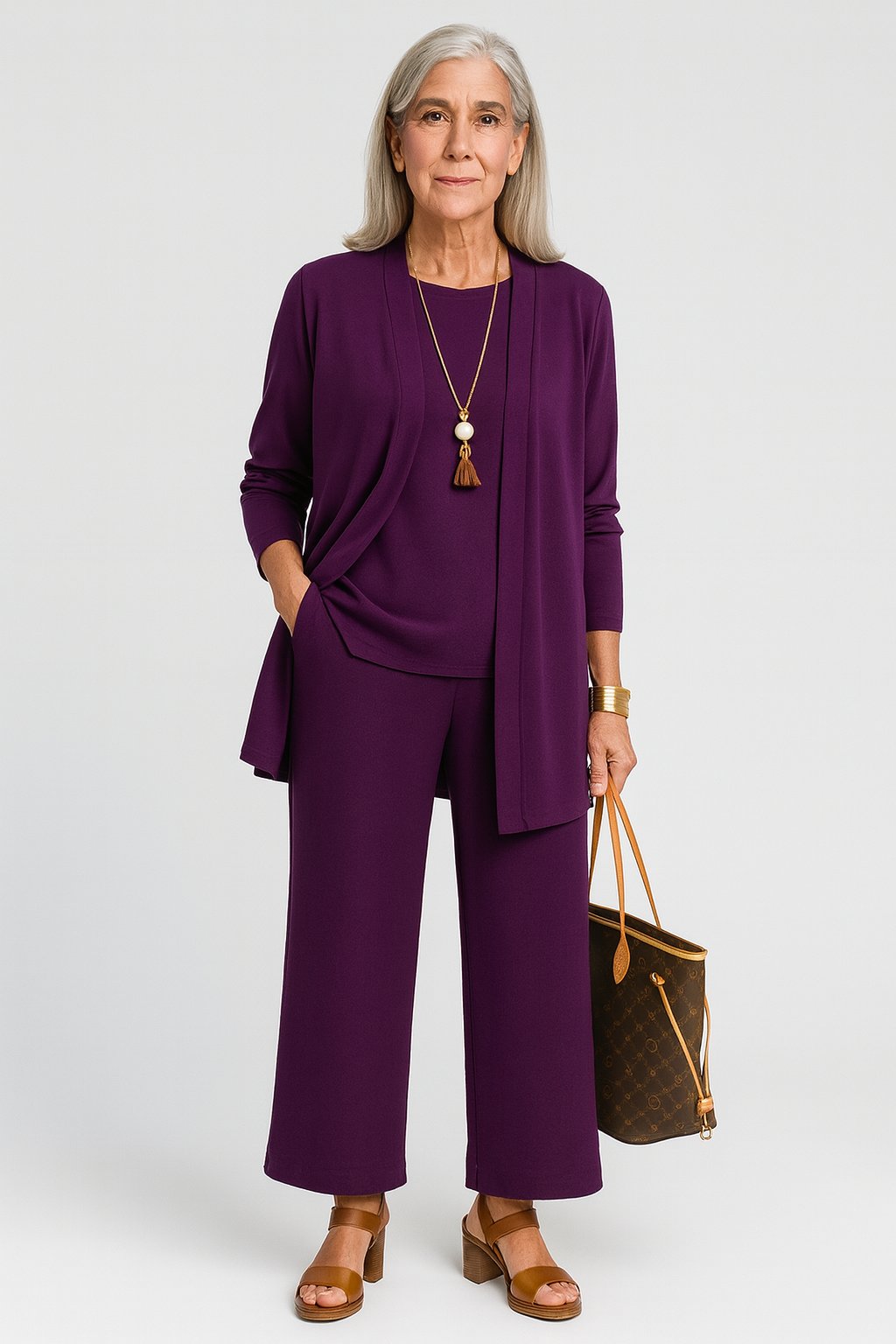 Women's Three-Piece Longline Cardigan Tank Wide-Leg Pants Set - Purple
