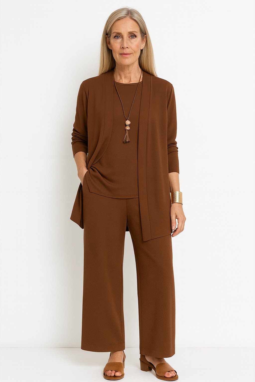 Women's Three-Piece Longline Cardigan Tank Wide-Leg Pants Set - Brown