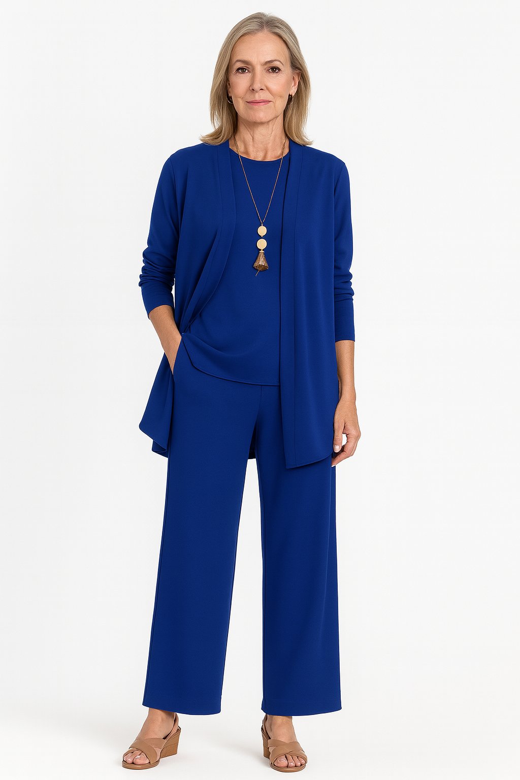 Women's Three-Piece Longline Cardigan Tank Wide-Leg Pants Set - Blue