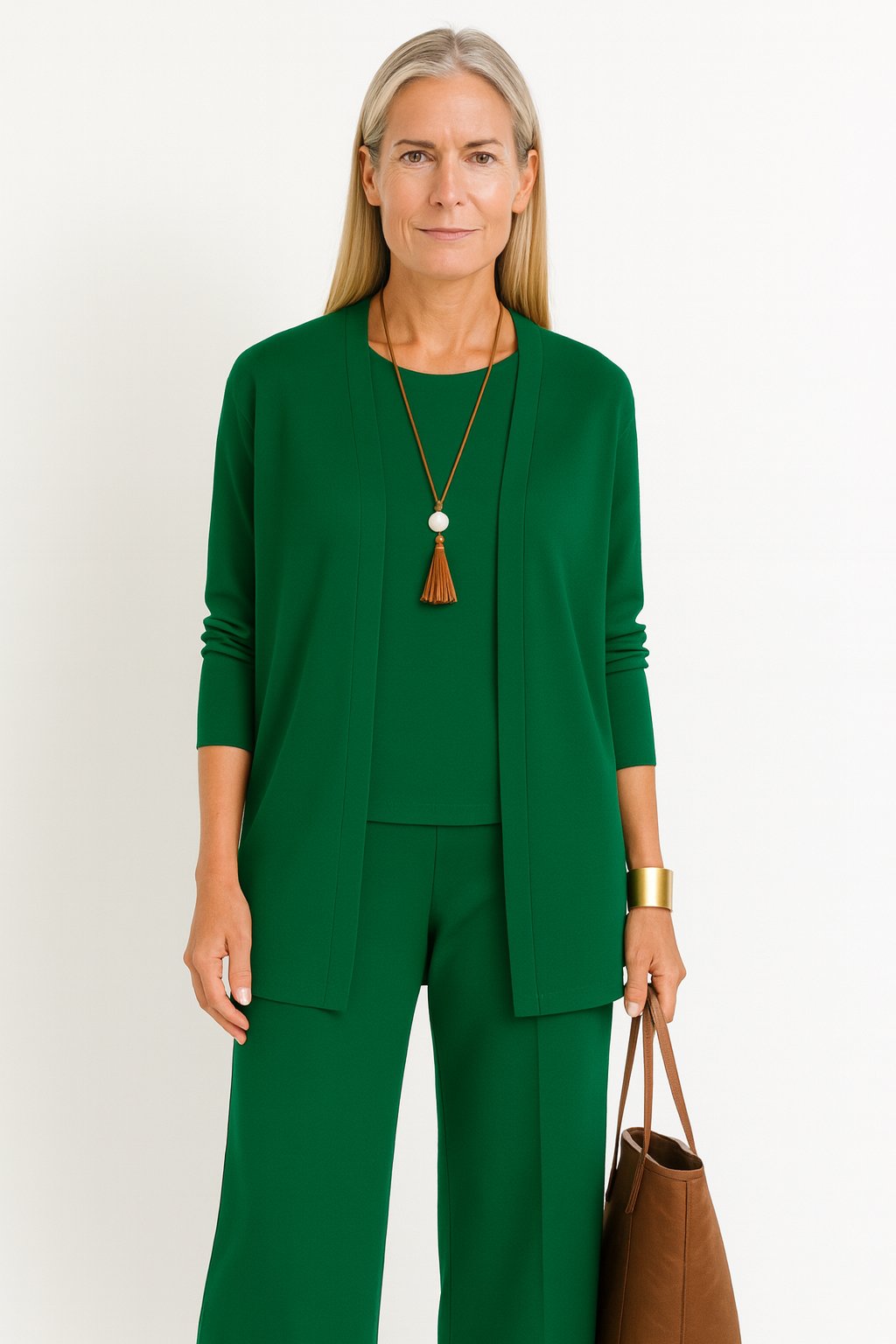 Women's Three-Piece Longline Cardigan Tank Wide-Leg Pants Set - Green