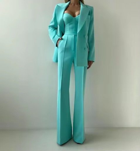 Women's Three-Piece Single-Button Blazer Corset Flare Pants Set - Green