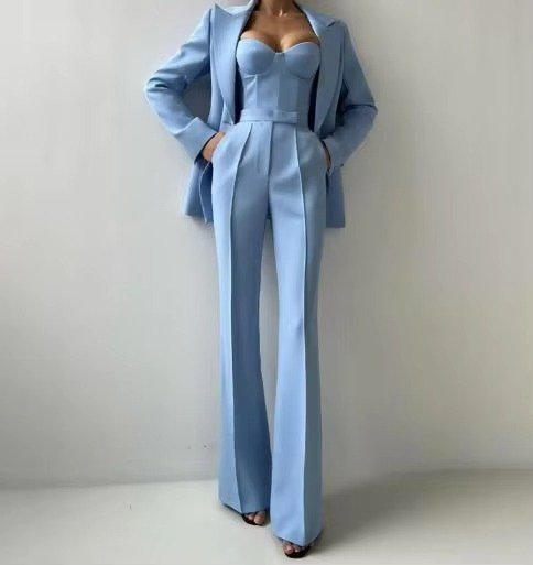 Women's Three-Piece Single-Button Blazer Corset Flare Pants Set - Blue