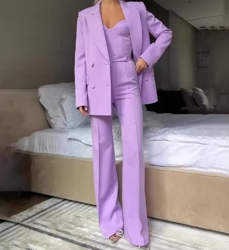 Women's Three-Piece Single-Button Blazer Corset Flare Pants Set - Purple