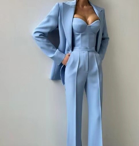 Women's Three-Piece Single-Button Blazer Corset Flare Pants Set