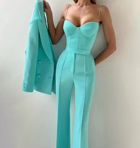 Women's Three-Piece Single-Button Blazer Corset Flare Pants Set