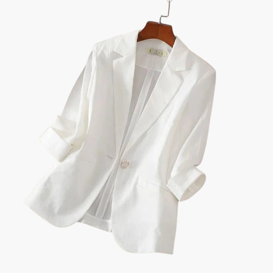 Women's Three Quarter Sleeve Notched Lapel Single Button Linen Blazer - White