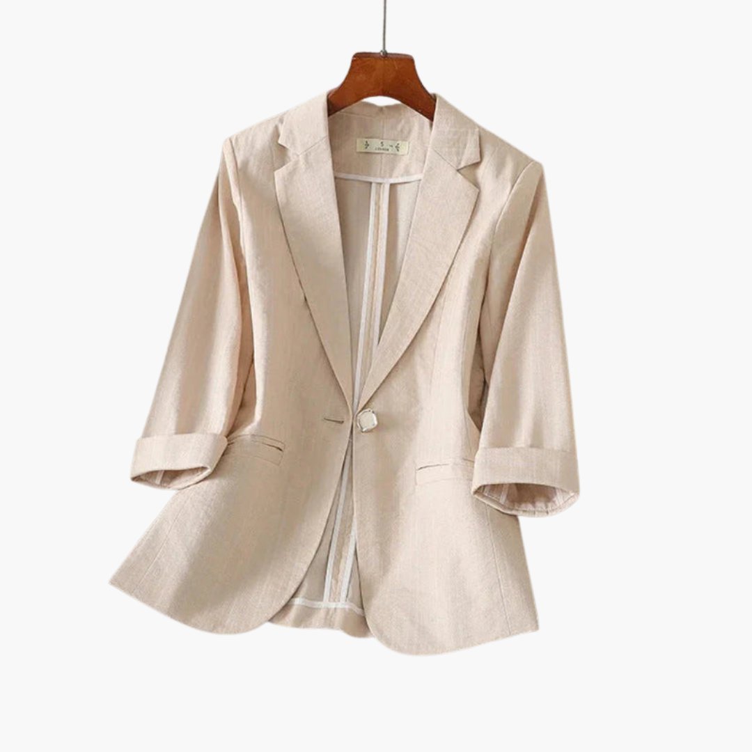 Women's Three Quarter Sleeve Notched Lapel Single Button Linen Blazer - Beige