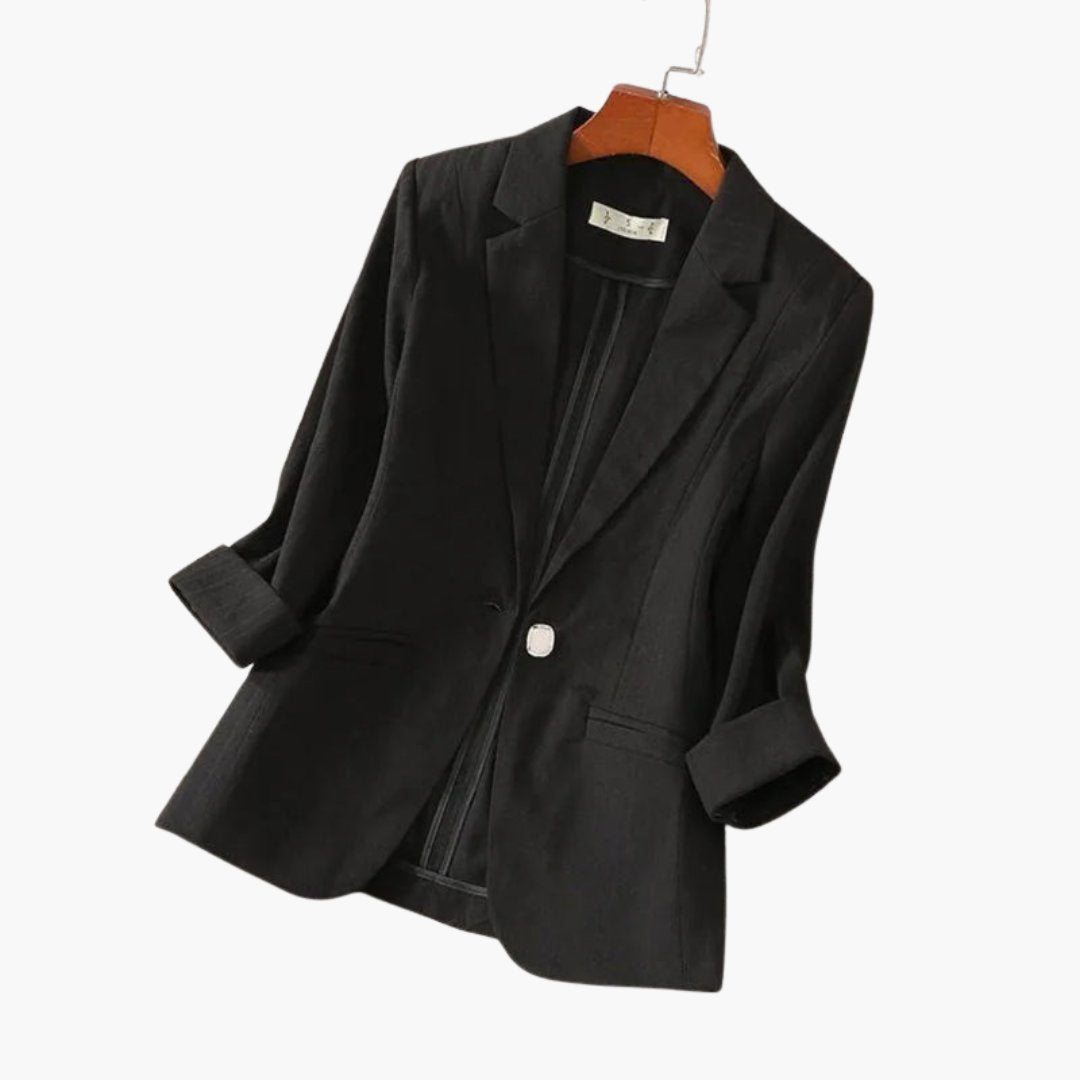 Women's Three Quarter Sleeve Notched Lapel Single Button Linen Blazer - Black