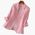 Women's Three Quarter Sleeve Notched Lapel Single Button Linen Blazer - Pink