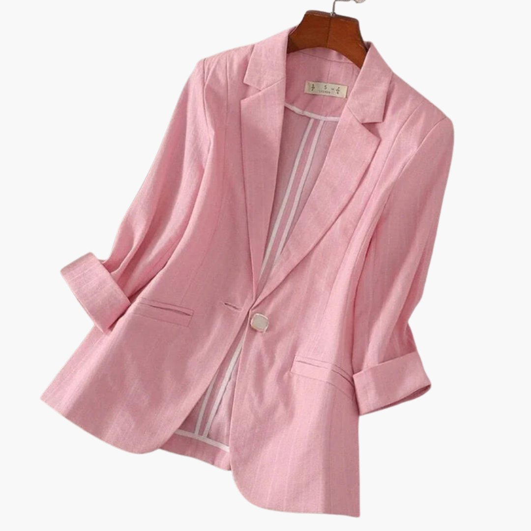 Women's Three Quarter Sleeve Notched Lapel Single Button Linen Blazer - Pink