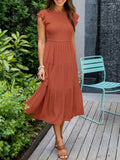 Women's Tiered Ruffle Sleeve Tummy Control Midi Dress - Orange