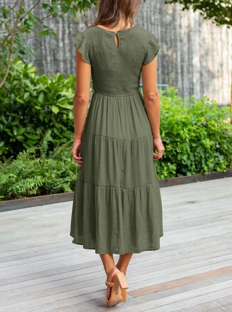 Women's Tiered Ruffle Sleeve Tummy Control Midi Dress
