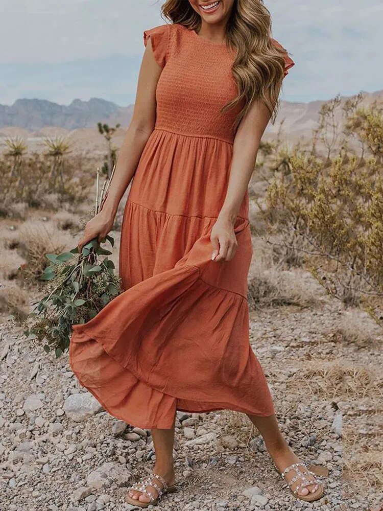Women's Tiered Ruffle Sleeve Tummy Control Midi Dress