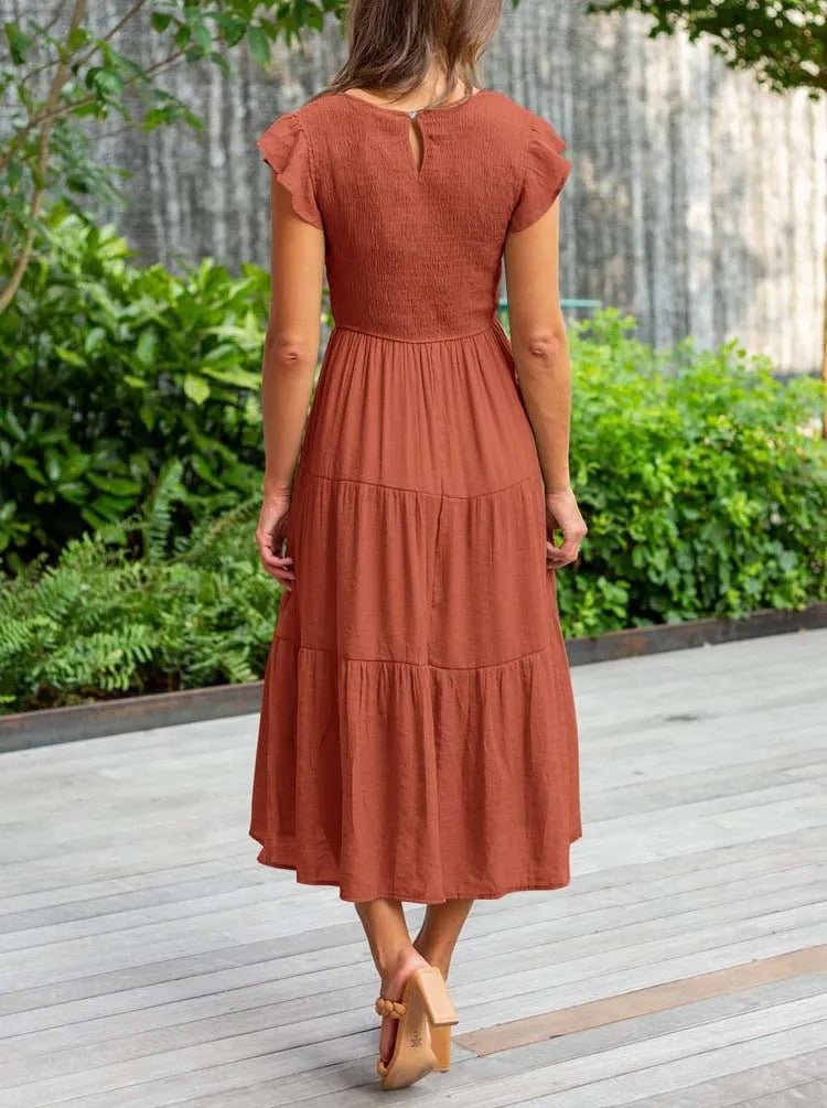 Women's Tiered Ruffle Sleeve Tummy Control Midi Dress