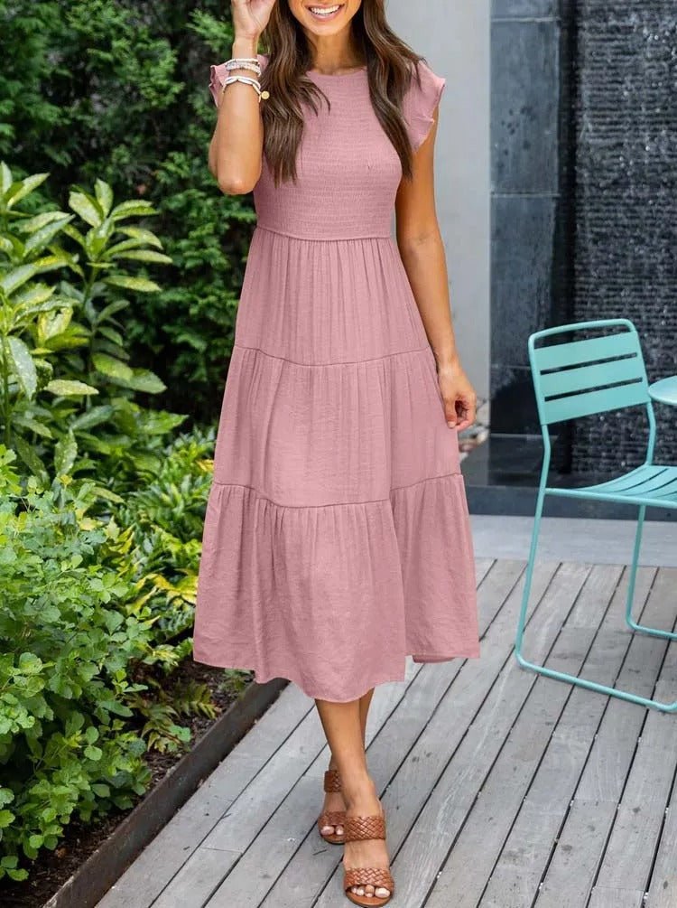 Women's Tiered Ruffle Sleeve Tummy Control Midi Dress