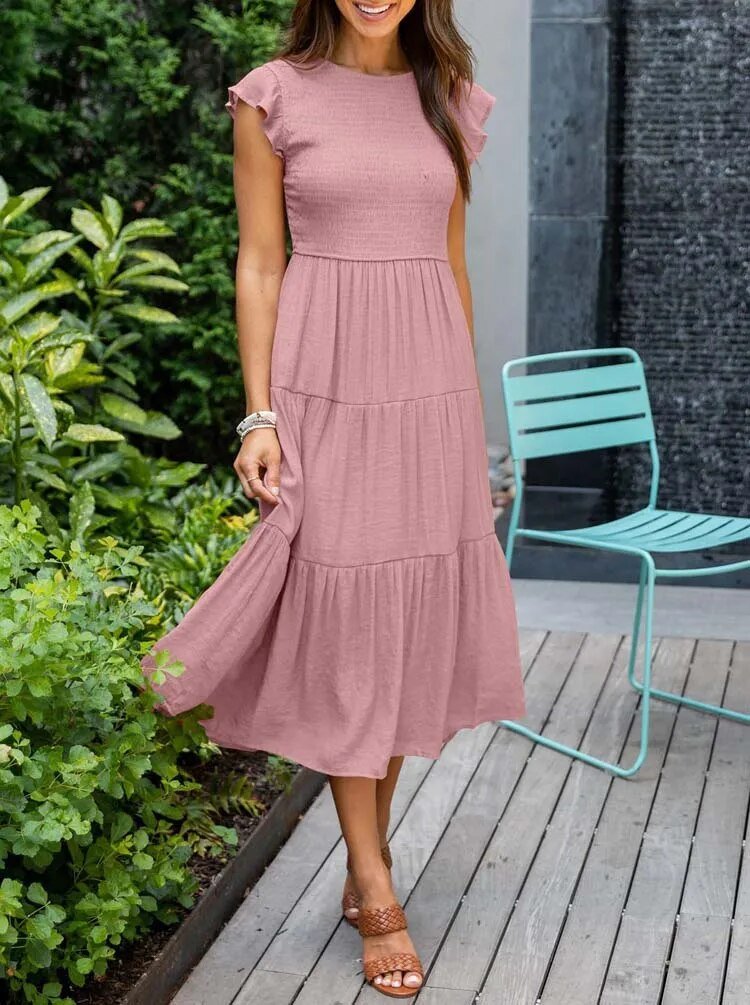 Women's Tiered Ruffle Sleeve Tummy Control Midi Dress - Pink