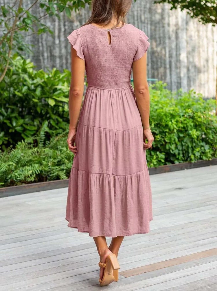 Women's Tiered Ruffle Sleeve Tummy Control Midi Dress