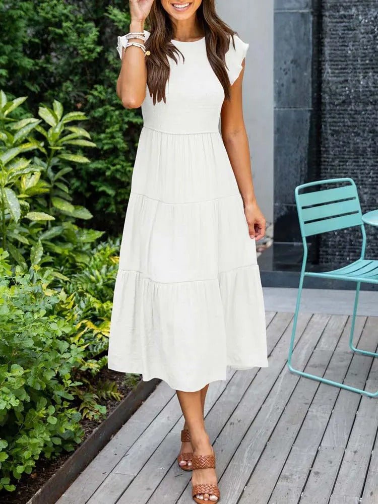 Women's Tiered Ruffle Sleeve Tummy Control Midi Dress