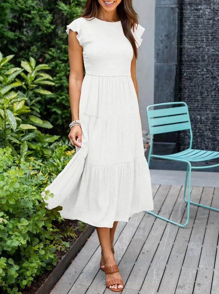 Women's Tiered Ruffle Sleeve Tummy Control Midi Dress - White
