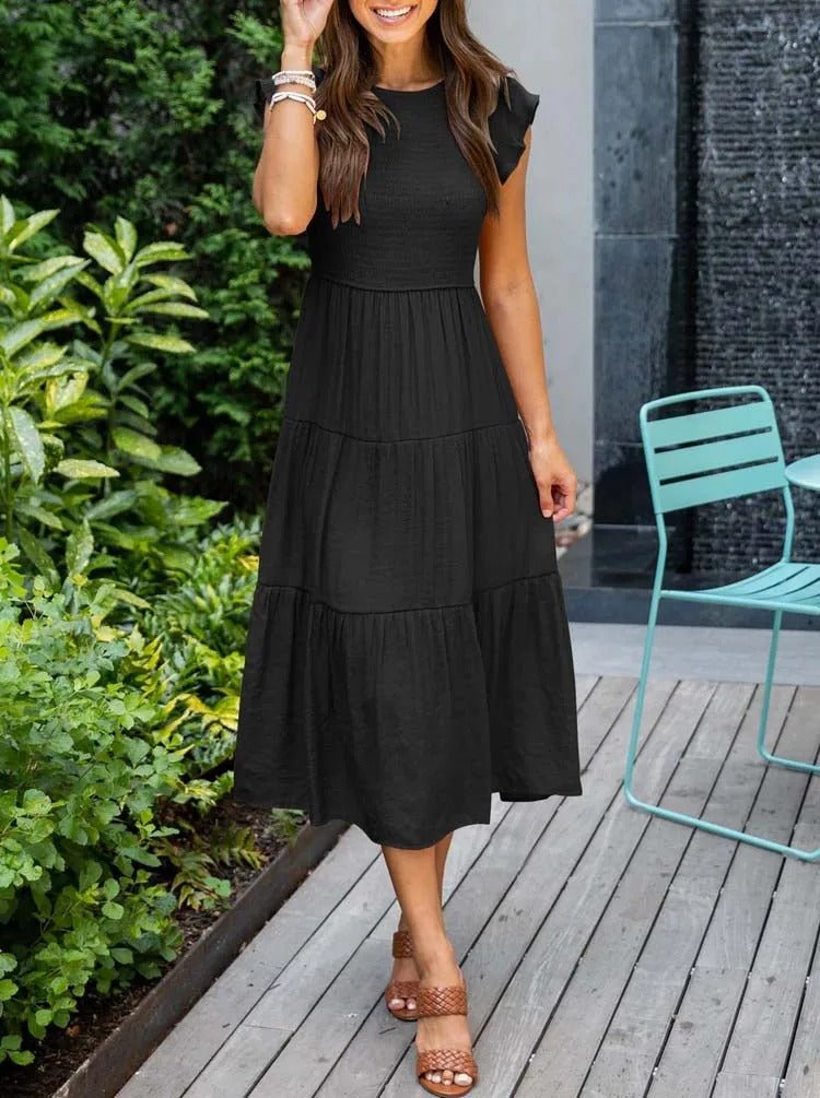 Women's Tiered Ruffle Sleeve Tummy Control Midi Dress - Black