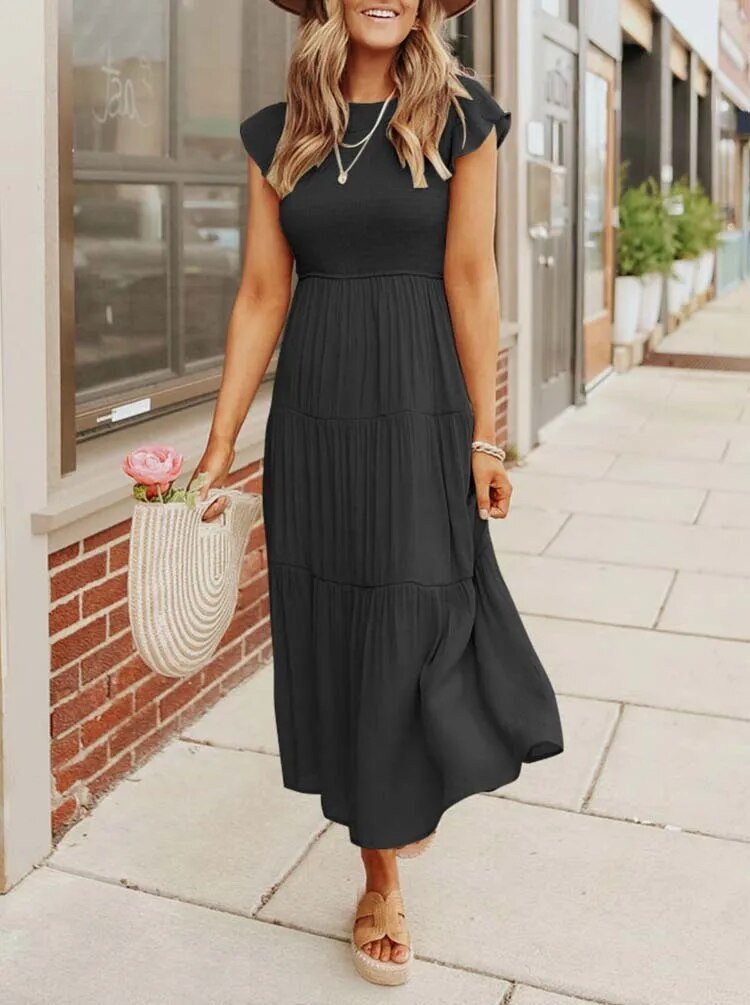 Women's Tiered Ruffle Sleeve Tummy Control Midi Dress
