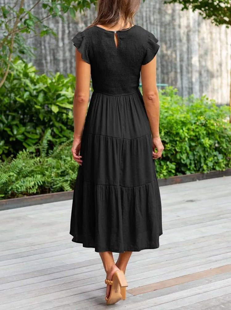 Women's Tiered Ruffle Sleeve Tummy Control Midi Dress