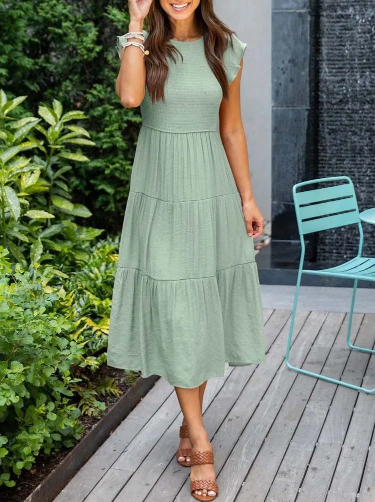 Women's Tiered Ruffle Sleeve Tummy Control Midi Dress - Light green