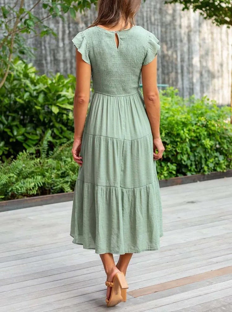 Women's Tiered Ruffle Sleeve Tummy Control Midi Dress