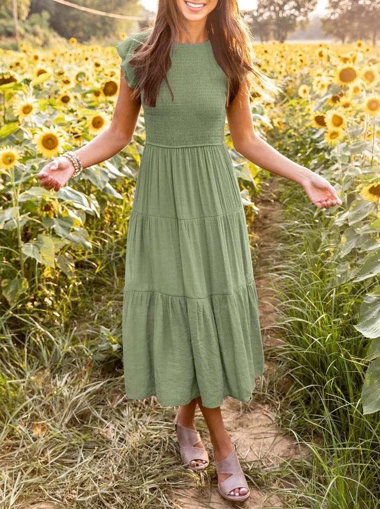 Women's Tiered Ruffle Sleeve Tummy Control Midi Dress