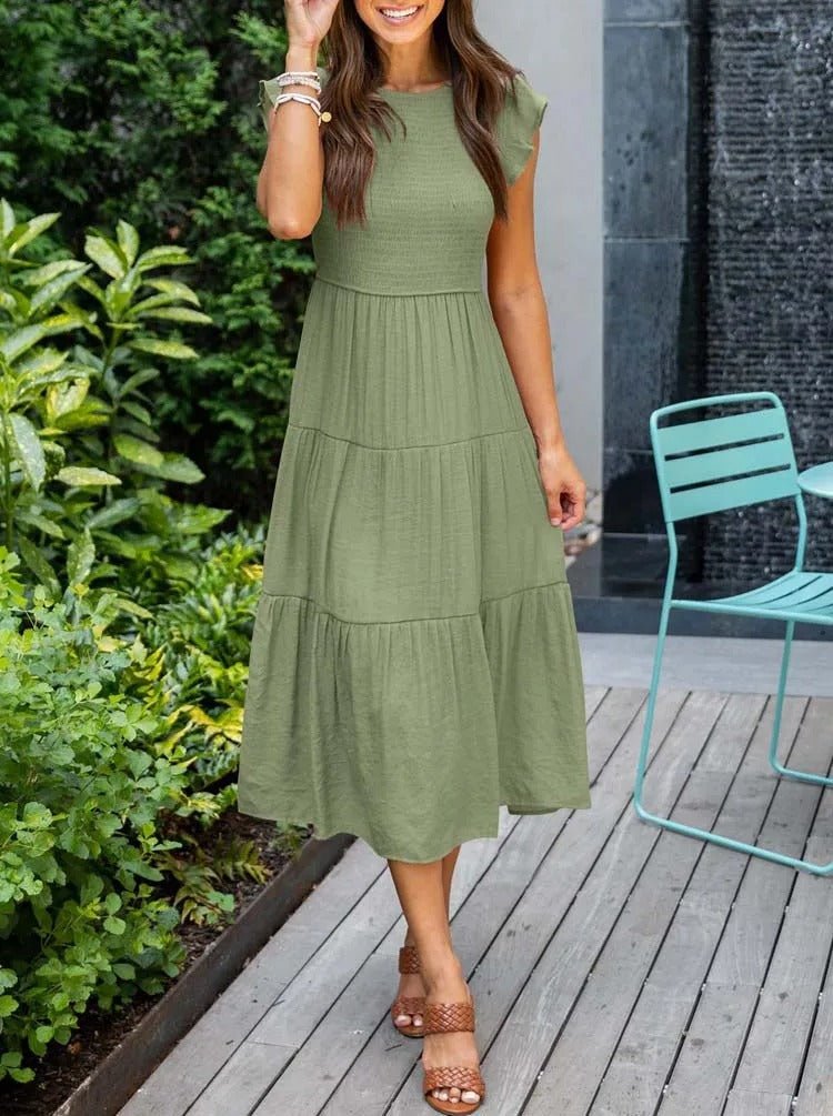 Women's Tiered Ruffle Sleeve Tummy Control Midi Dress - Dark green