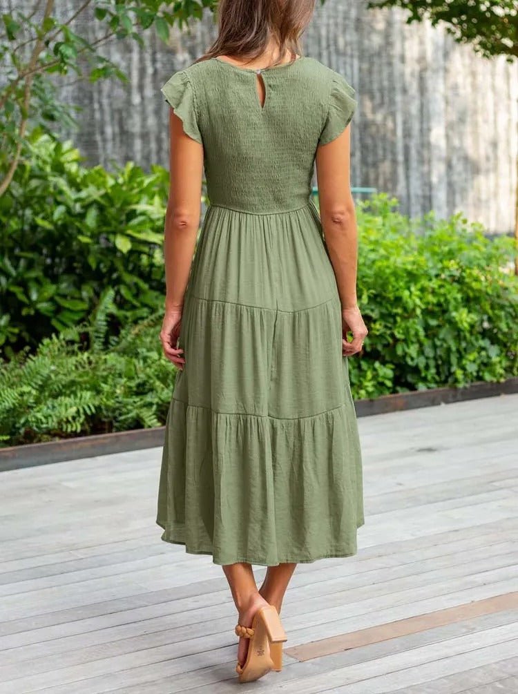 Women's Tiered Ruffle Sleeve Tummy Control Midi Dress
