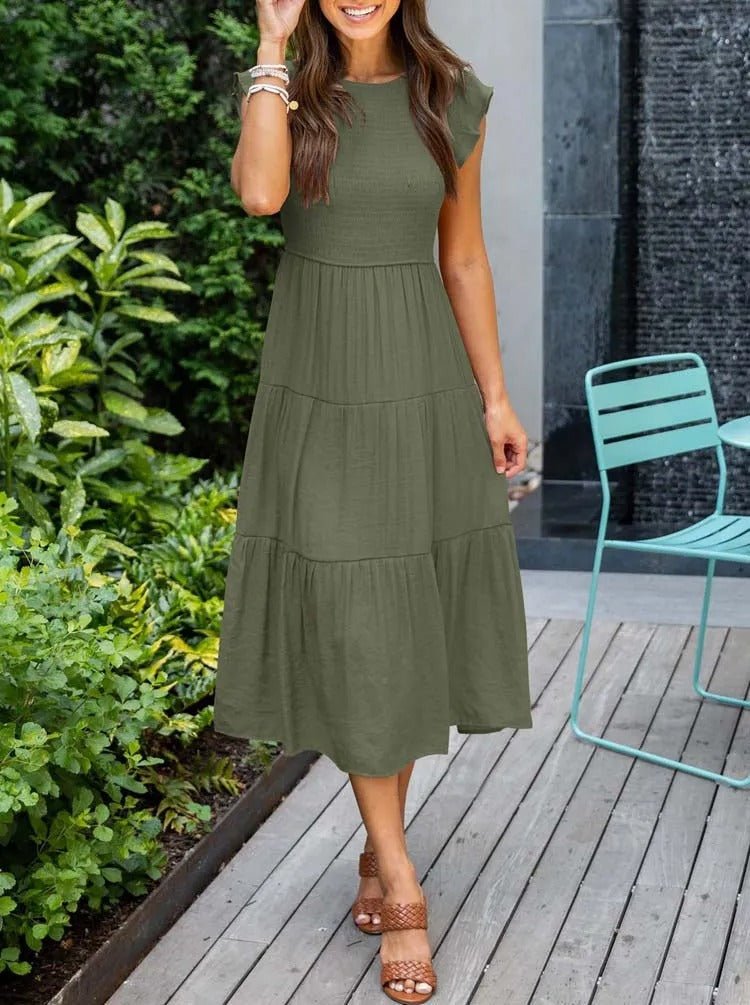 Women's Tiered Ruffle Sleeve Tummy Control Midi Dress