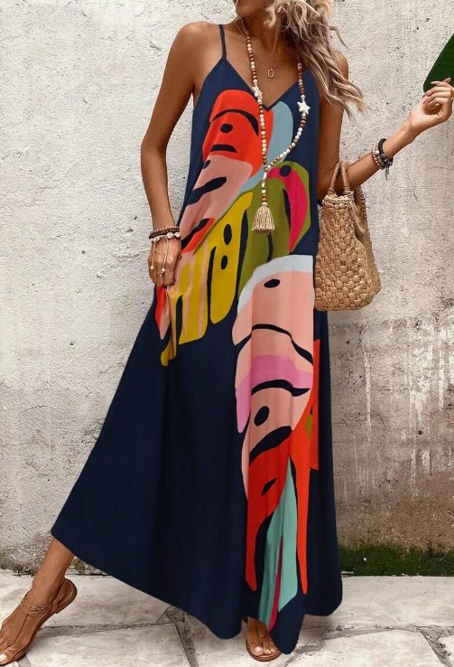 Women's Tropical Leaf Print Sleeveless Maxi Dress