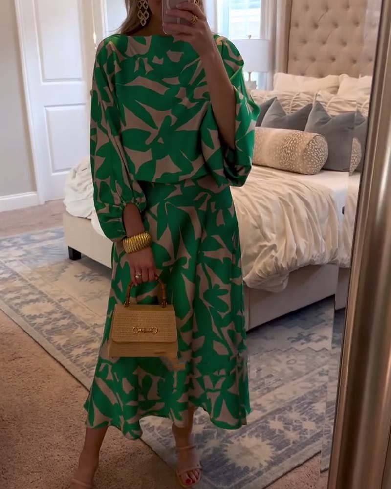 Women's Tropical Print Two-Piece Lantern Sleeve Set - Green