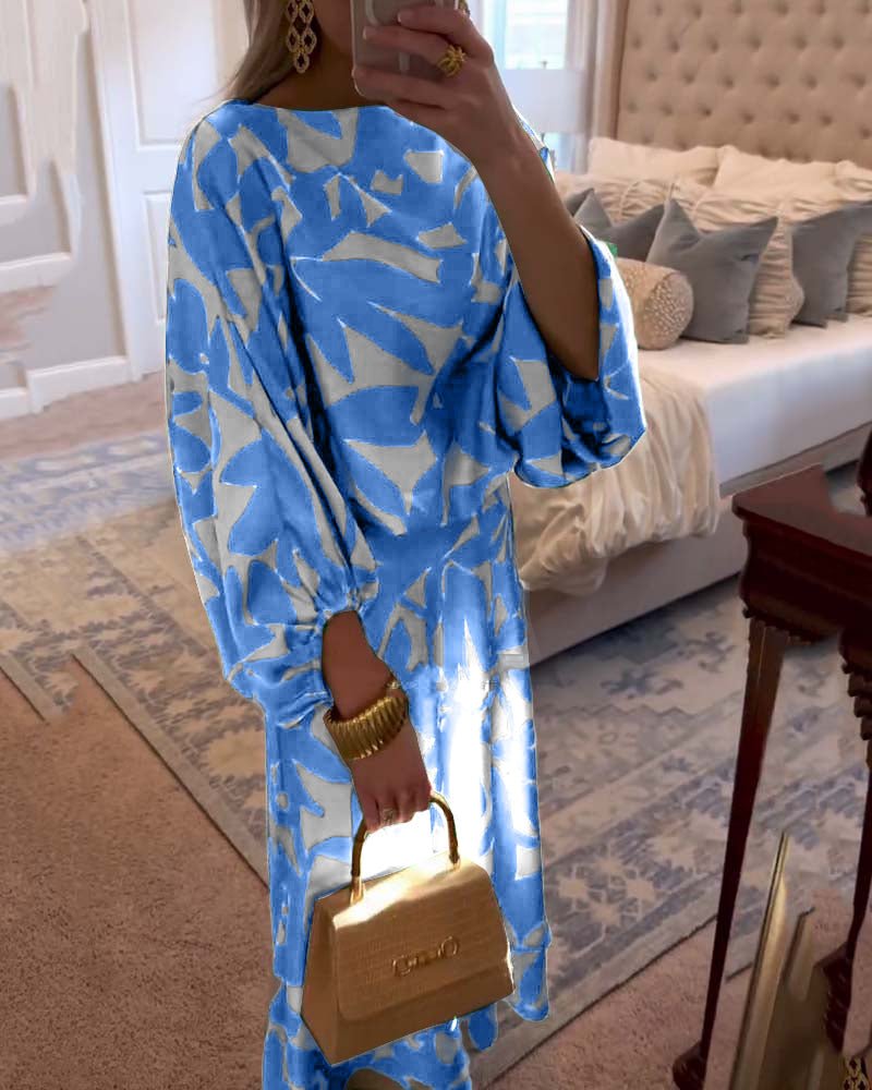 Women's Tropical Print Two-Piece Lantern Sleeve Set