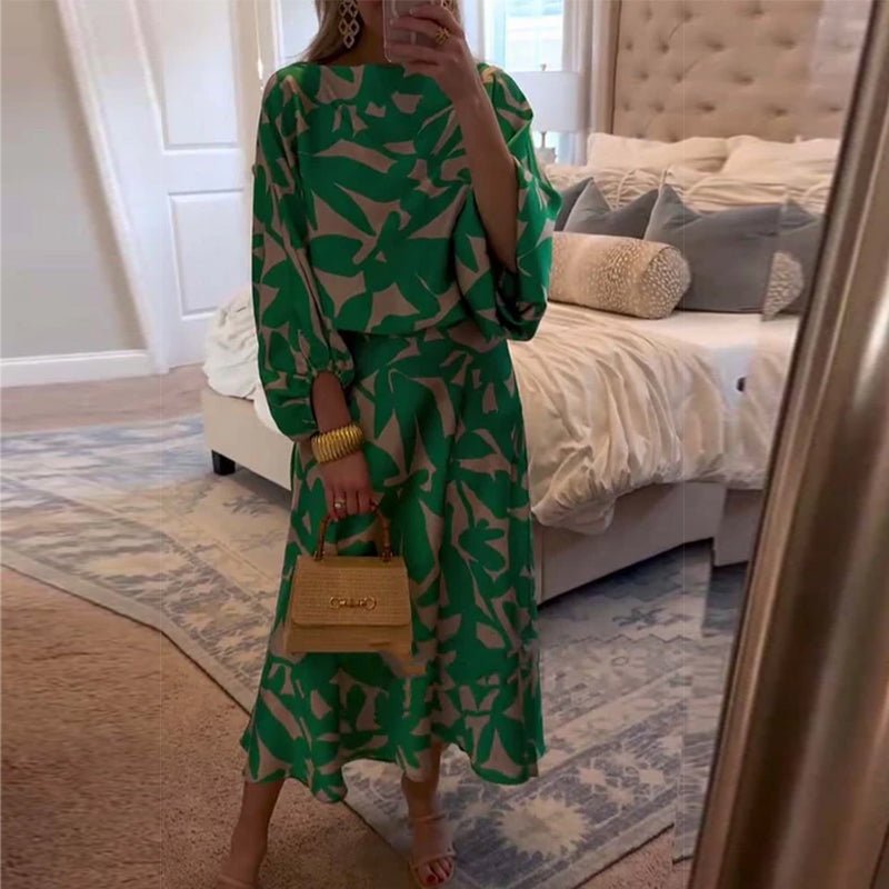 Women's Tropical Print Two-Piece Lantern Sleeve Set
