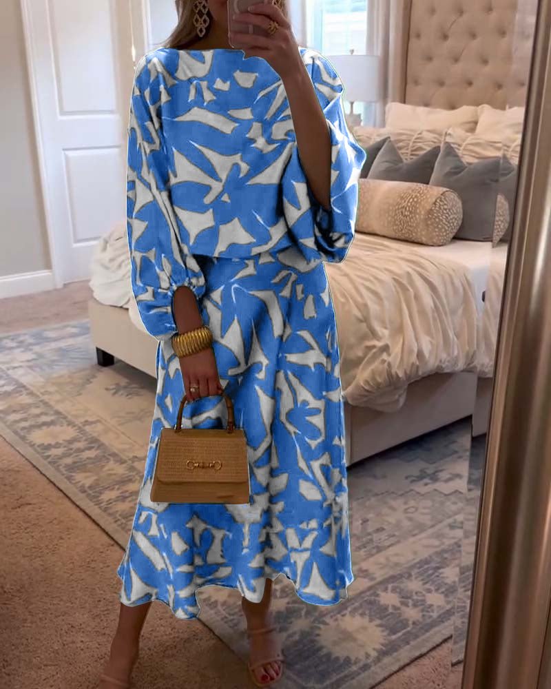 Women's Tropical Print Two-Piece Lantern Sleeve Set - Blue
