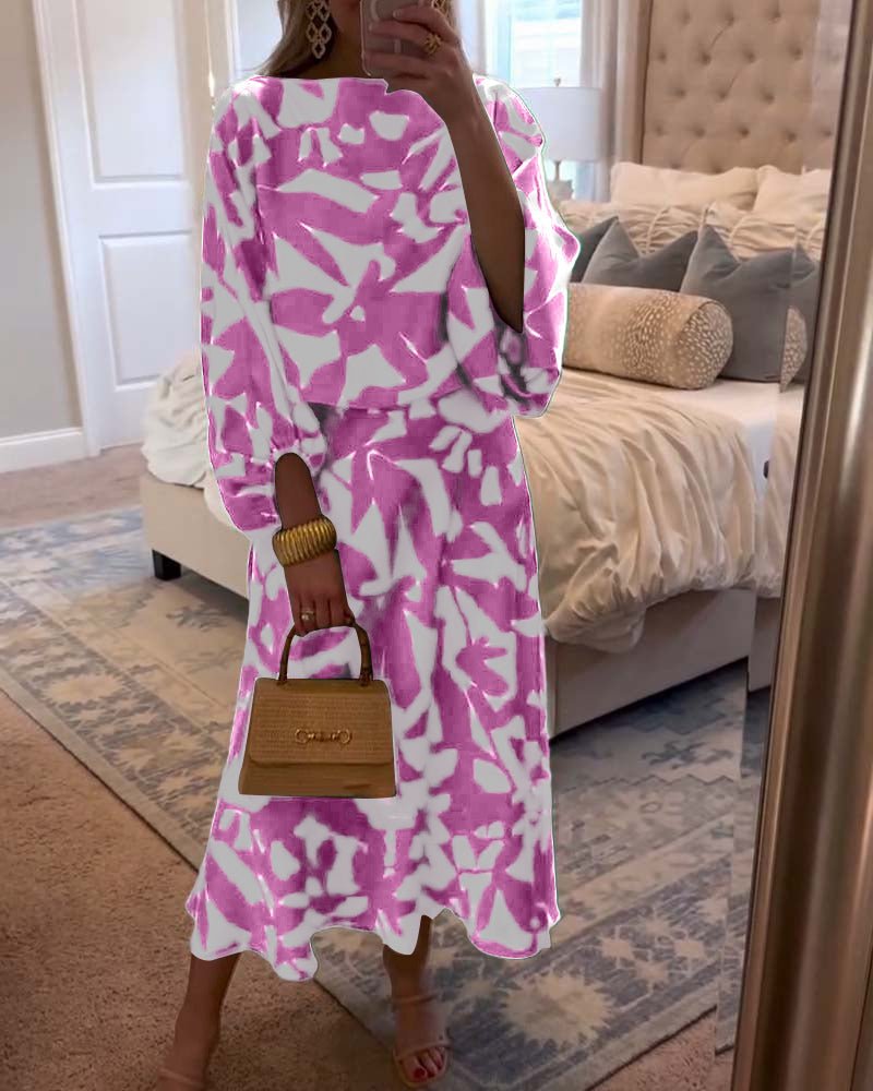 Women's Tropical Print Two-Piece Lantern Sleeve Set - Pink