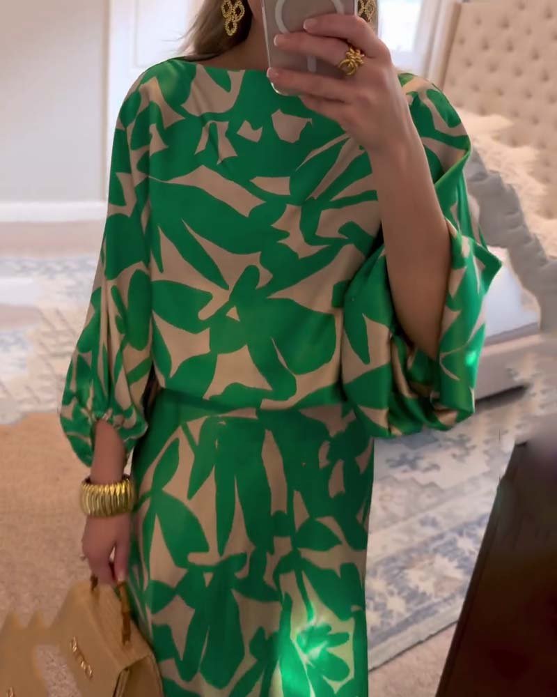 Women's Tropical Print Two-Piece Lantern Sleeve Set