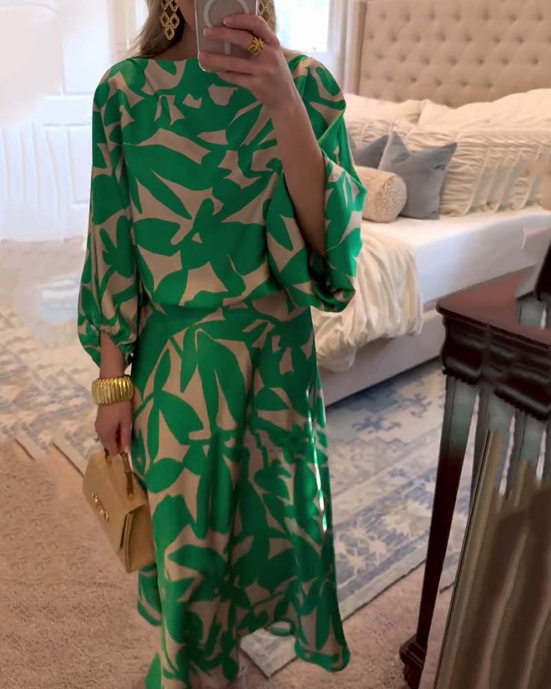 Women's Tropical Print Two-Piece Lantern Sleeve Set