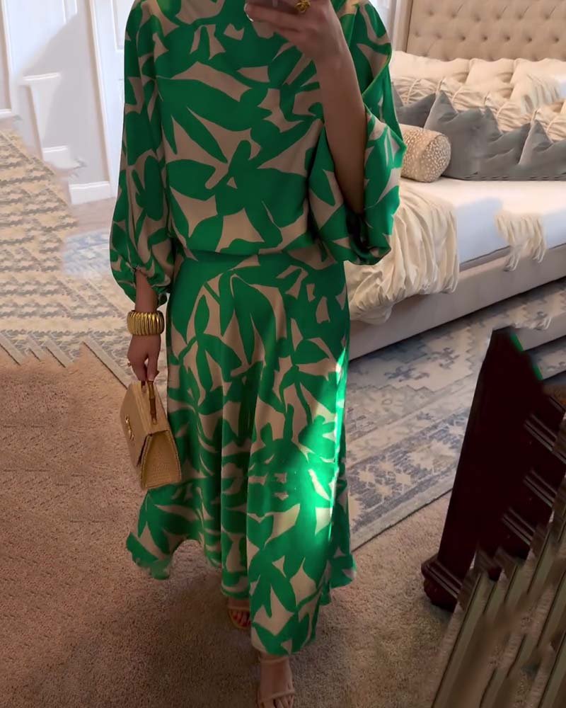 Women's Tropical Print Two-Piece Lantern Sleeve Set