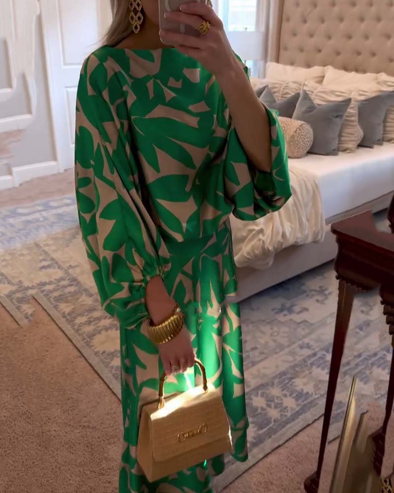 Women's Tropical Print Two-Piece Lantern Sleeve Set