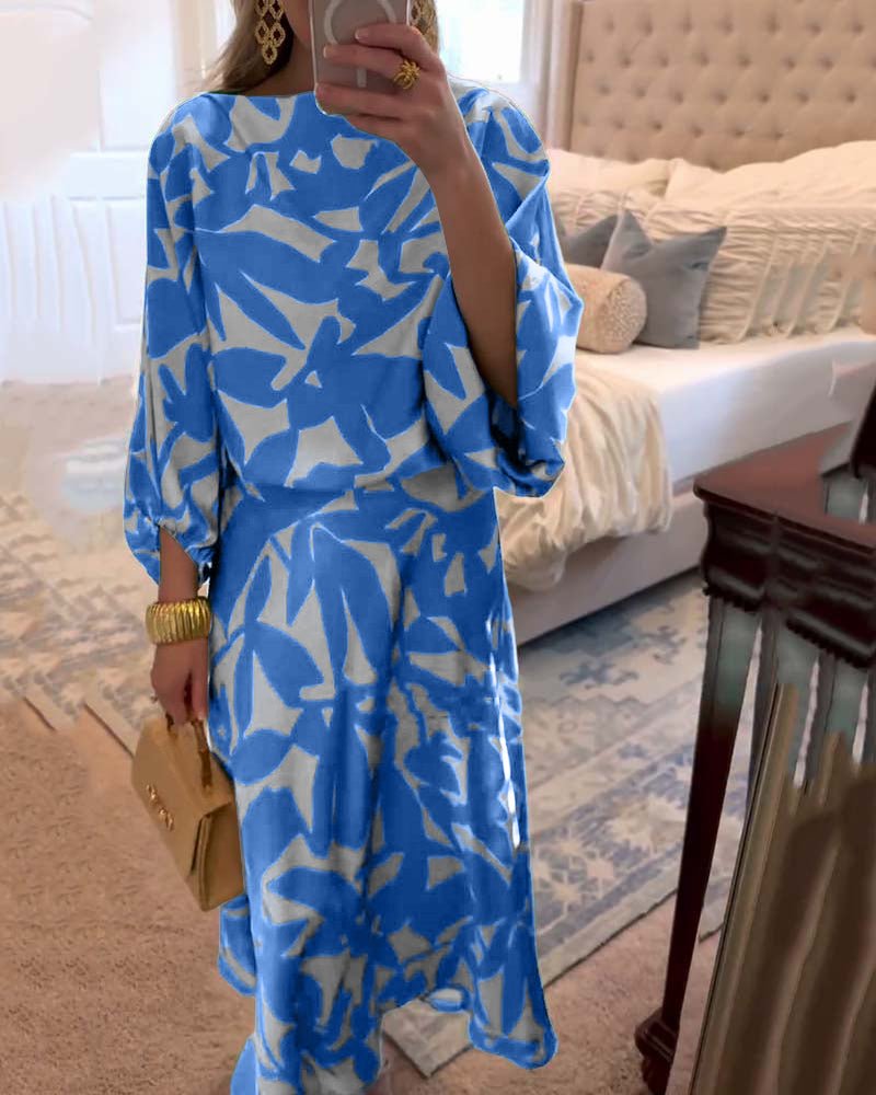 Women's Tropical Print Two-Piece Lantern Sleeve Set